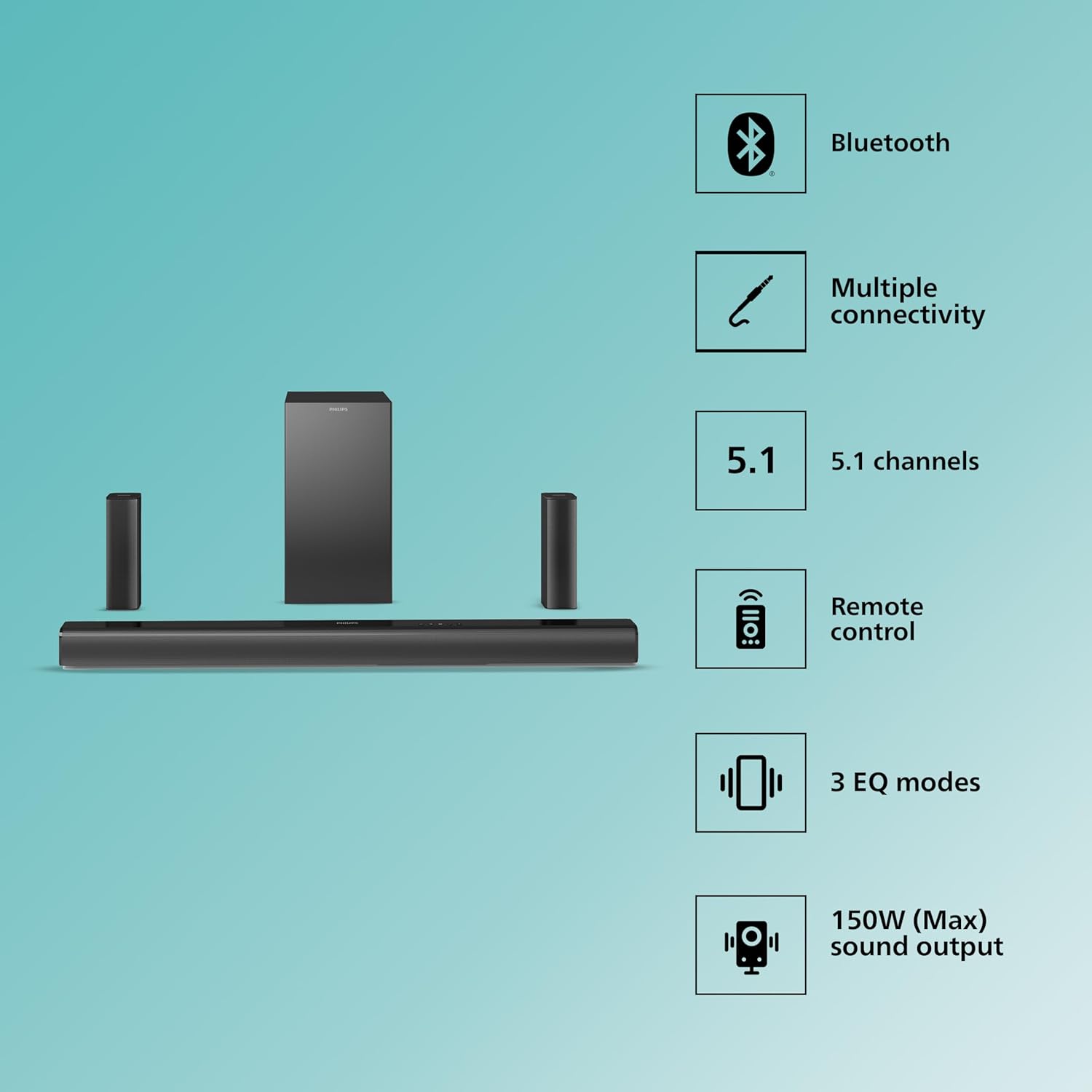 PHILIPS Audio TAB4519, 5.1CH 150W Bluetooth Soundbar with Wired Subwoofer (Black) - Image 2